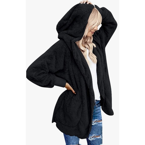 5⭐ black oversized fuzzy sherpa faux fur hooded open front cardigan pockets - Picture 1 of 9